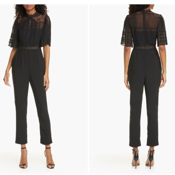 Self-Portrait Pants - Self-Portrait Lace Bodice Straight Leg Crepe Jumpsuit